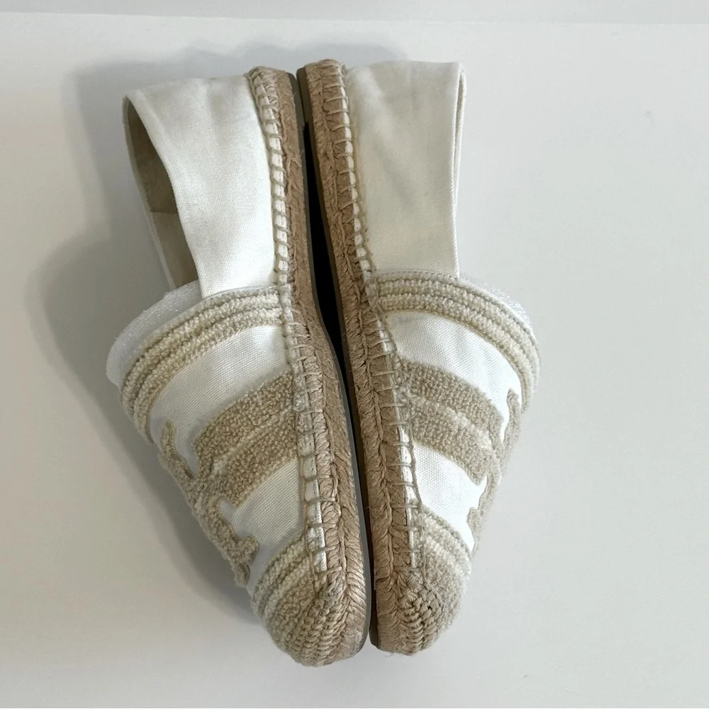 Tory Burch Ines Double T Canvas Espadrilles White Coastal Tan Flat Sz 10 Summer